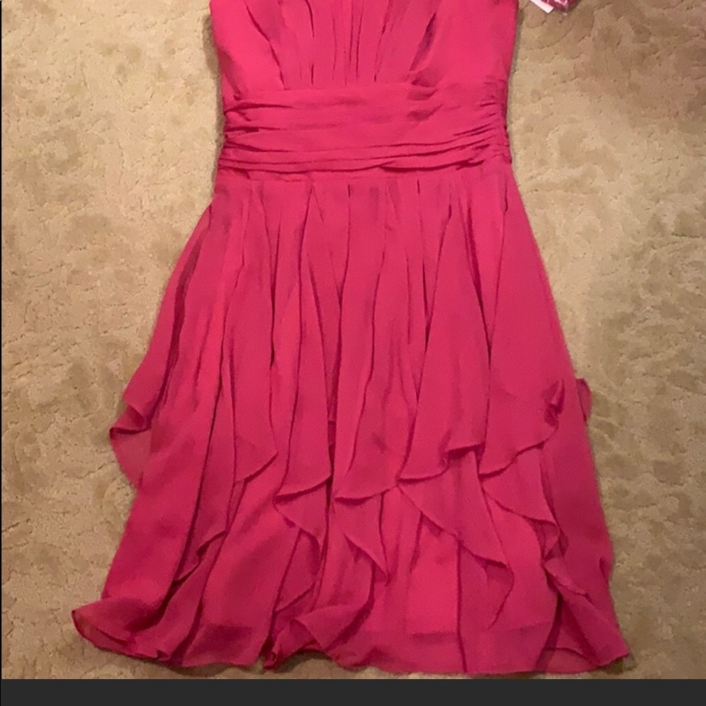 David’s bridal strapless dress F14169. Color is Guava